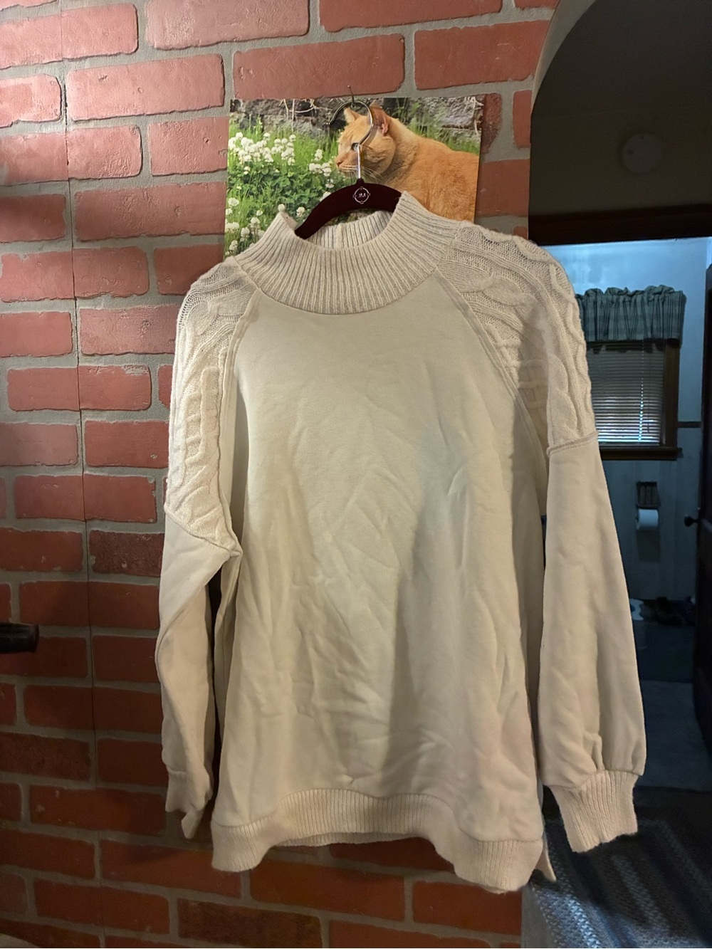 Time and Tru Cream Cable-Shoulder Mock Neck Sweater